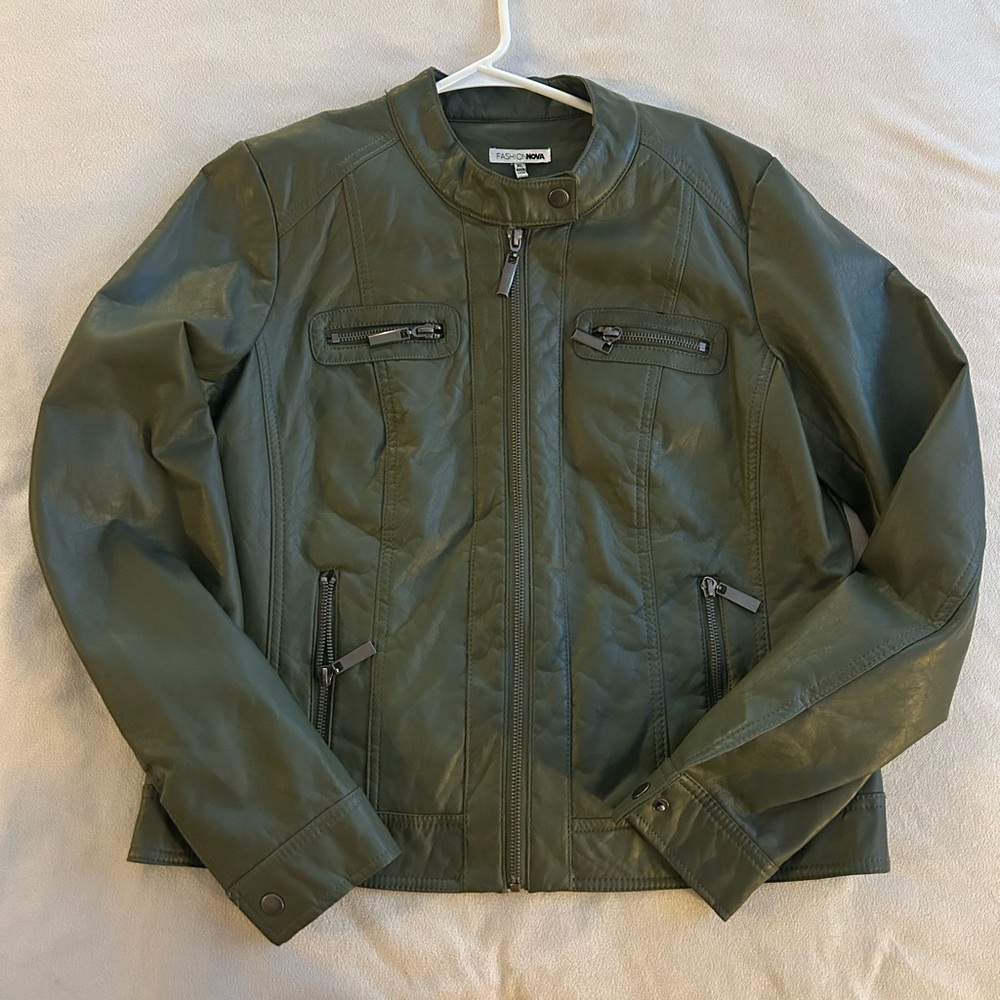 Fashion Nova Dark Green Leather Jacket